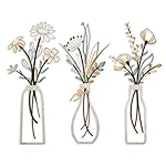 Pigort 3 Pieces Metal Flowers Wall Arts - Rustic Farmhouse Decor Beige Minimalist Flower Wall Decors for Living room Bathroom Bedroom Dining Room-Housewarming Gifts (Beige, Vase-C)
