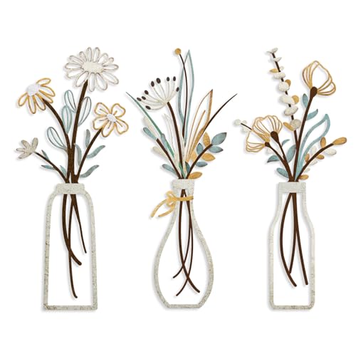 Pigort 3 Pieces Metal Flowers Wall Arts – Rustic Farmhouse Decor Beige Minimalist Flower Wall Decors for Living room Bathroom Bedroom Dining Room-Housewarming Gifts (Beige, Vase-C)