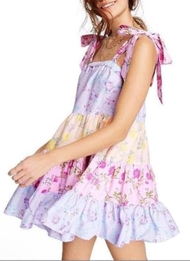 Image of Women Tie Shoulder Mini Dress Floral Ruffle Babydoll Dress Boho Square Neck Sundress Cute Summer Dresses