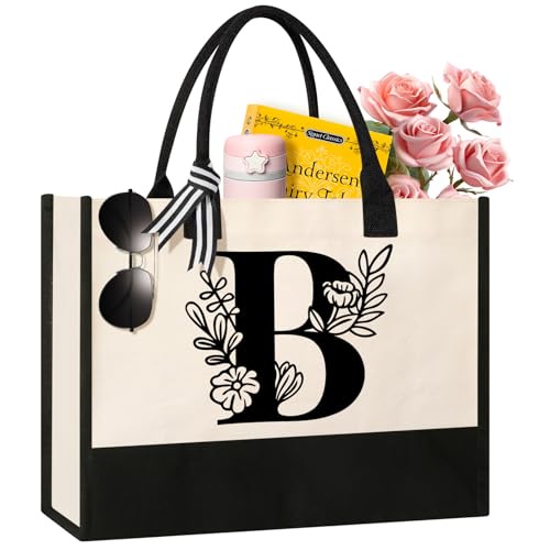 Image of Personalized Initial Canvas Tote Bag, Suitable for Birthday, Wedding, Beach, Holiday, Gifts for Women, Mom, Teachers, Nurses, Best Friends, Bridesmaids (B)