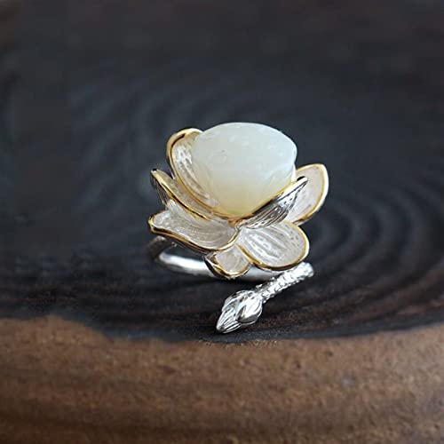 Bague en argent sterling et jade Hetian naturel : lotus artisanal style rétro - 7
