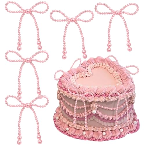 12 Piezas Decoración para Tartas Lazo Perlas Rosas, Adornos para Pasteles de Boda y Baby Shower, Decoración de Pastel de Cumpleaños Niña, Cupcake Toppers Perla Rosa Elegantes para Fiestas y Bautizos