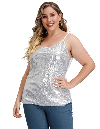 Women Plus Size Sequin Tank Spaghetti Strap Camisole Sparkle Club Top Silver 16W #TOP2
