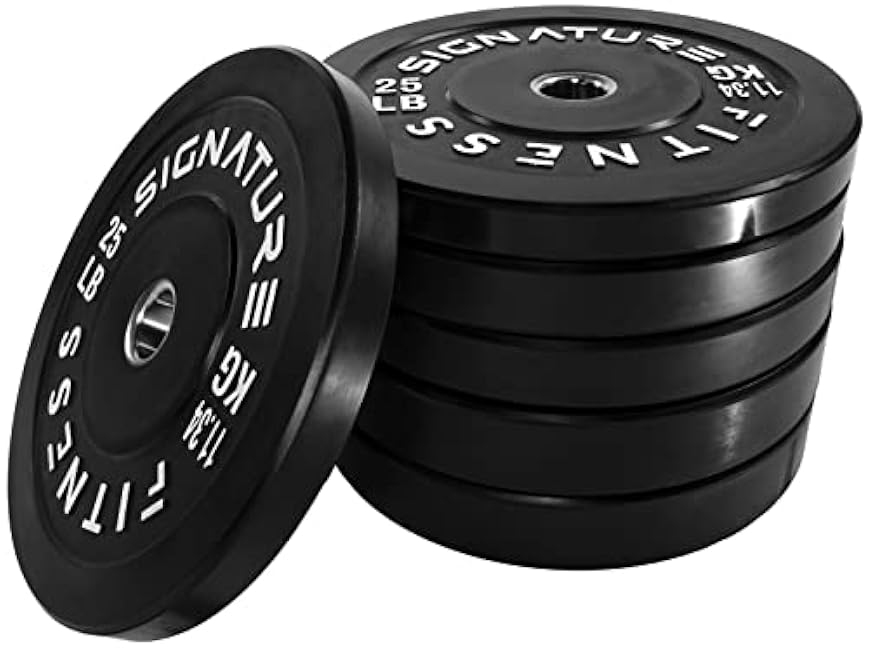 Signature Fitness 2 Olympic Bumper Plate Weight Plates with Steel Hub in Pairs or Sets - 100% Virgin Rubber