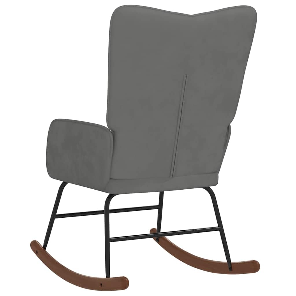 Ciemnoszare aksamitne krzesło bujane z drewnianymi płozami i stalową ramą do salonu, sypialni, na balkon, fotel relaksacyjny, ergonomiczny komfort, stabilna funkcja przechylania, trwałe