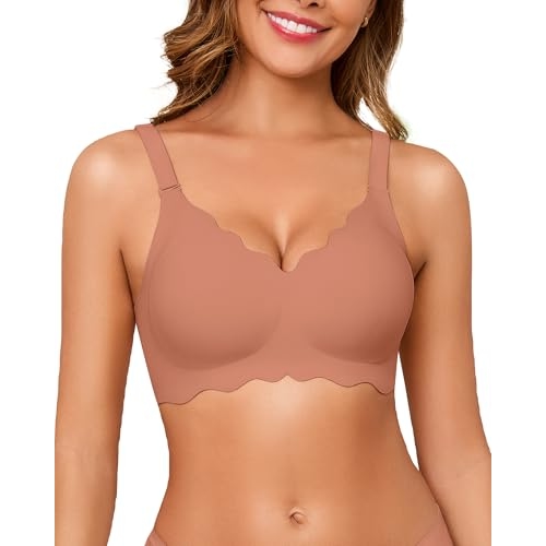 Seamless Jelly Bras for Women No Underwire Push Up Bra Full Coverage V-Neck Wirefree Bralettes Soft T-Shirt Everyday Bra, Red, Medium