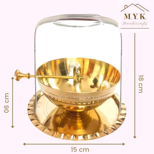 Image of Brass Akhand Jyoth with Glass Chimney (7 x 6 inches) - Extra Large Diya with Wick Lifting Screw Lever - Stays Lit Up to 9 Days - Ideal for Navratri, Diwali, and Gifting.