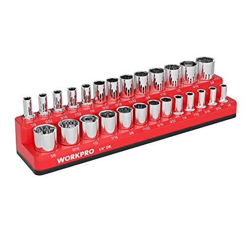 WORKPRO Magnetic Socket Organizer, 1/4-Inch SAE Socket Holder, Trays Hold 26 Standard & Deep Sockets 1/4" DR, SAE