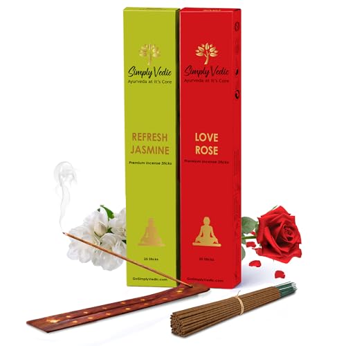 Image of Simply Vedic Luxe Incense Sticks Rose & Jasmine Combo (50 Sticks) Hand Rolled Masala Agarbatti with Holder | Natural Long Lasting Fragrance for Puja Relaxation Home Fragrance Floral Aroma Low Smoke