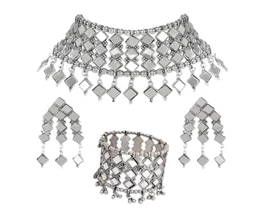 Women Oxidised Silver Mirror Work Choker Set Earrings Bangles Alloy Adjustable Ethnic Jewellery Set-image-18