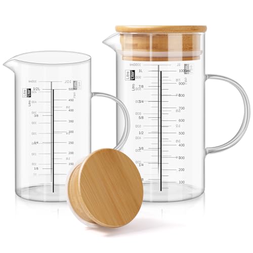 Aevcvok 500ml+1000ml Jarra Medidora de Vidrio Graduada, Vaso Medidor Transparente para Cocina, 0,5L 1L Taza Medidora Tarros de Cristal con Tapa, Escala Precisa para Medir Ingredientes de Repostería