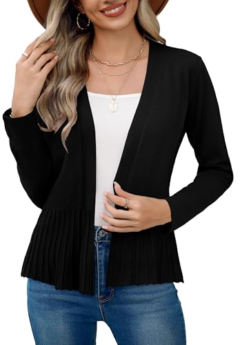 Bettysays Women's Casual Open Front Lightweight Cropped Cardigans Long Sleeve Sweater Soft Draped Peplum Knit Outwear