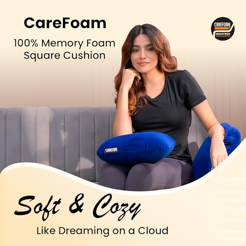 Image of CareFoam Memory Foam Square Cushion for Car, Sofa /Diwan, Bed, Chair & Decoration | Highly Durable, Hypoallergenic | 14 inchx 14 inch x 4 inch | Velvet Cover | Blue, Pack of 5