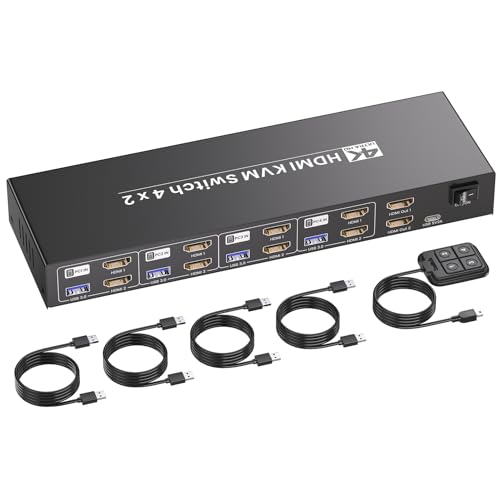 HDMI KVM Switch 2 Monitors 4 Computers, USB 3.0 4K@60Hz Dual Monitor HDMI KVM Switch for 4 PCs to Share 1 Set of Keyboard, Mouse, Two Monitors and Other USB Devices