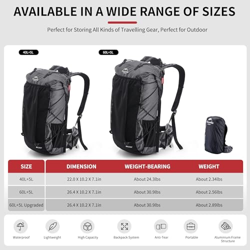 Image of Naturehike 45L Rock Internal Frame Hiking Backpack for Outdoor Camping Travel Backpacking with Rain Cover Ultralight Backpack for Adults
