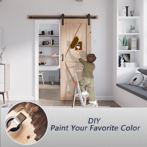 FREDBECK 30in x 80in Sliding Barn Door and 5FT Sliding Door Hardware Kit Included K Shape Solid Spruce Wood Panel for Bedroom Need to Assembly