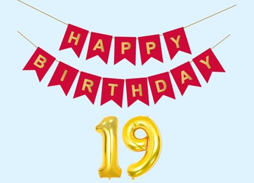 Mystic Toy Store 19th Happy Birthday Decoration Kit Red for 19 year Old Boys Girls Teenage with Number Nineteen Party Decorations Decor Celebration Items Item Set Combo Reusable Paper Banner