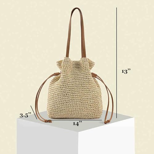 Gogobear Women's Woven Straw Drawstring Tote Bag Summer Beach Shoulder Handbag2