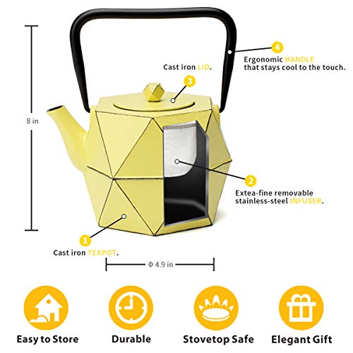 Tea Kettle, TOPTIER Japanese Cast Iron Teapot with Stainless Steel Infuser, Cast Iron Tea Kettle Stovetop Safe, Diamond Design Teapot Coated with Enameled Interior for 40 oz (1200 ml), Yellow - Thumbnail 6