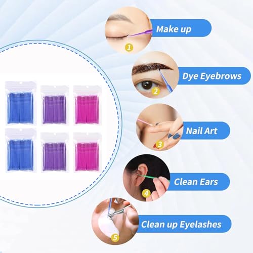 Applikatoren Pinsel, 600 Stück Einweg Microbürsten Wimpernbürste Für Wimpernverlängerung, Wimpernlifting Zubehör, Lashes Graft, Make-up Reinigungsstäbchen, Oral und Sauberkeit (ROSA+BLAU+Lila)