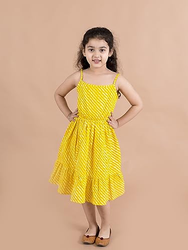 Image of Pspeaches Girls Yellow Striped Cotton Midi Dress With Printed Shrug (Yellow)