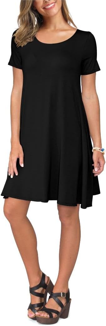 Women's Summer Casual Short Sleeve Crew Neck T Shirt Dresses Loose Swing with Pockets - Image 2