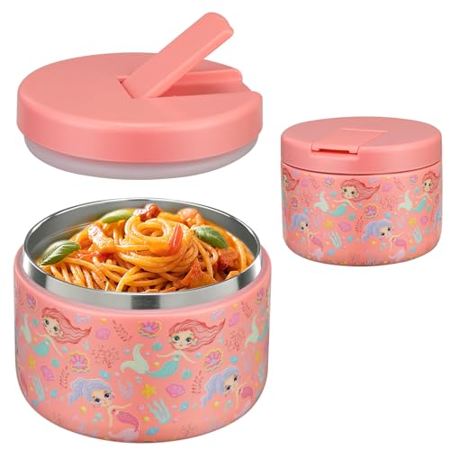 Pawtong 12oz Insulated Vacuum Food Jar with Buckle Lid Wide Mouth Soup Thermo for Hot Food Kids Leakproof Stainless Steel Lunch Container (Pink-Mermaid)