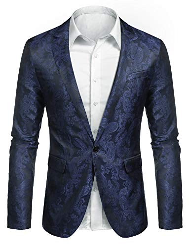 JINIDU Men's Floral Tuxedo Jacket Paisley Embroidered Suit Blazer Jacket for Dinner,Party,Wedding,Prom Navy Blue