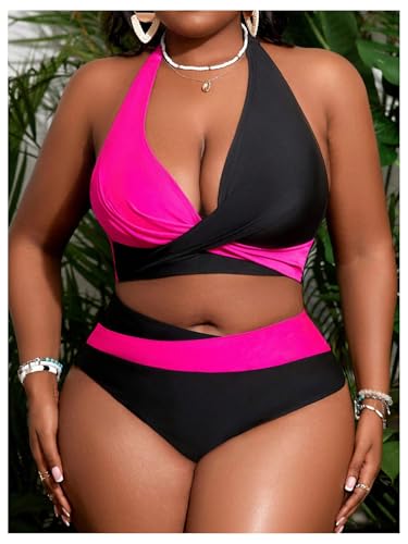 SOLY HUX Women's Plus Size Swimsuit Color Block Halter Criss Cross Bikini Sets Two Piece Bathing Suit4