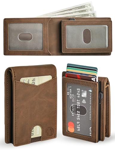 Popvibe Wallet for Men, Slim Minimalist Wallet with 2 ID Windows, Front Pocket, Money Pocket & RFID Blocking, Smart Pop Up Credit Card Holder Bifold Wallet with Gift Box (Brown)