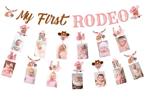 Cheereveal My First Rodeo Photo Banner Bunting Garlands for Girls - Wild West Theme 1st Birthday Party Decorations, Western Cowgirl Birthday Supplies Newborn to 12 Month