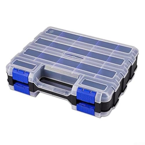 Caja de almacenamiento de herramientas de doble cara con 34 compartimentos de plástico extraíbles para organización de tornillos, tuercas y pernos en el hogar, garaje (azul)