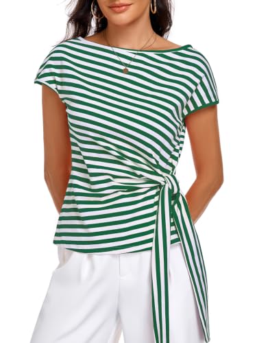 Image of HOTIAN Womens Cap Sleeve T Shirts 2026 Tie Waist Wrap Tops Crew Neck Blouses Dressy Casual Loose Work Business Dressy