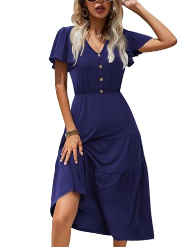 Image of Zeagoo Women's Summer Casual Dress Flutter Short Sleeve V Neck Button Down Tiered Flowy Long Dress with Pockets
