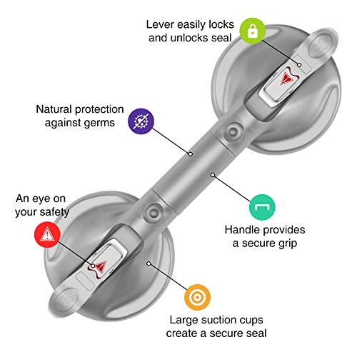 Dailylife Suction Cup Grab Bar Bathroom, Tool Free Shower Handle, Portable Grab Handle For Bathtub, Safety Rail For Handicap Elderly Senior, Quick (Dis) Assemble, Heavy Duty (253 Lb), 15 Inch Silver #TOP1