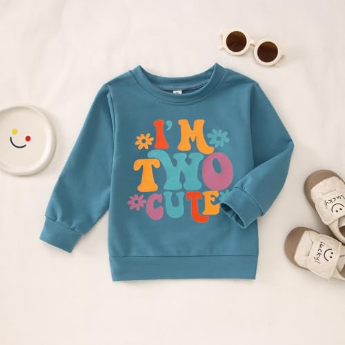 BOUTIKOME 2. Geburtstag Sweatshirt für Mädchen “I’m Two Cute” Drucker Pullover Zweiter Geburtstags Kinder Outfits Schwesterchen Rundhals Langarmshirt Herbst Winter Babykleidung(Blau,2 Jahre)