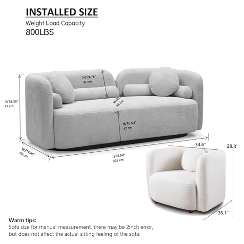 Image of 2026 New White Boucle Sofa Set, 3-Piece Living Room Seating Set - 3 Seater Sofa + 2 Single Chairs, Solid Wood Frame Modern Couches with Pillows