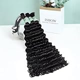 ISHOW Raw Human Braiding Hair, 100% Unprocessed Virgin Human Hair, 15A Deep Wave Bulk Human Hair, 150g 18 Inch 3 Packs, NO.1 Premium Quality Boho Hair Producer, Long Lasting, Color 1B