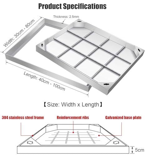 Couvercle de fosse septique encastrable rectangulaire en inox 70x95 cm pour trappe d'égout - 3