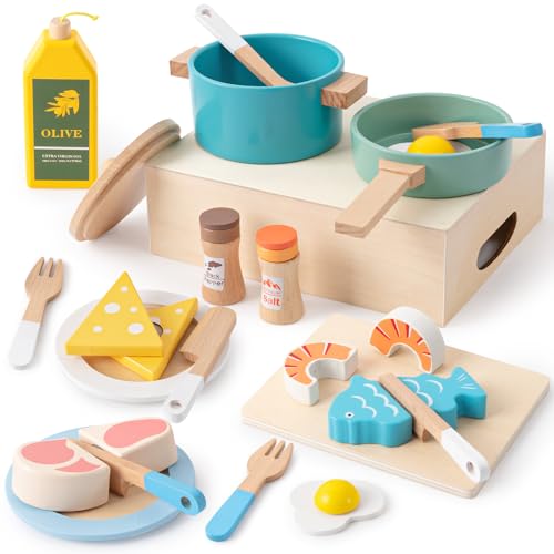 Atoylink Accesorios de Cocina Juguete Madera Infantil Utensilios de Cocina 19PCS Accesorios Cocinita Infantilcon Comida Juguete Ollas y Sartenes Juego Educativos Regalo para Niños Niñas 3 4 5 6 7 años