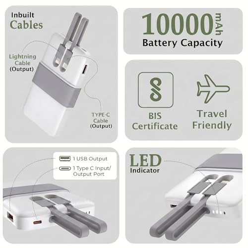 Image of Energizer 10000mAh 22.5W Fast Charging Power Bank, Ultra-Slim Compact Pocket Size, Built-in Type-C Cable, PD + QC, Dual USB-C & USB-A Output | CE & RoHS Approved | 1 Yr Warranty | Grey