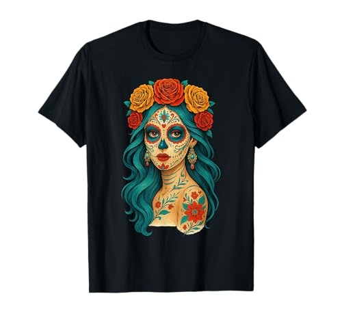 La Catrina Day of the Dead De Los Muertos Crâne en sucre pour femme T-Shirt