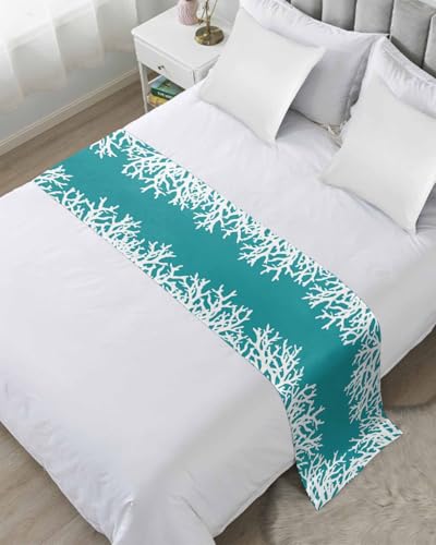 Full Bed Runner White Coral on Teal Green Bedding Runner Scarves Decorative Bed Scarf, Marine Modern Abstract Art Soft Bed Runners for Bedroom Hotel Wedding 83x20IN