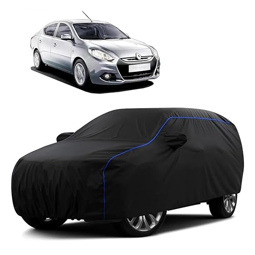Image of Sulfar 100% Water Resistant Car Body Cover Compatible with Mirror for Renault Scala (Triple Stitched, Full Bottom Elastic, Black Tafetta with Blue Piping)