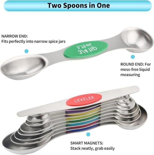 Image of Magnetic Measuring Spoons Set of 9 with Leveler, Color-Coded Dual Sided Stainless Steel Measuring Spoon Set, Stackable Teaspoon and Tablespoon Set for Baking, Cooking, Kitchen Gadgets.