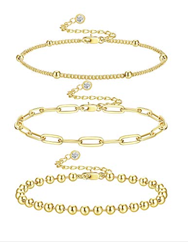 HAIAISO 14K Gold Plated Adjustable Layered Bracelets Gold Chain Bracelets Sets Cuban Link Bracelet Flat Herringbone Chain Bracelet Figaro Chain Bracelets Dainty Stacking Beaded Bracelet for Women