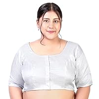 Studio Shringaar Women's Plus Size Brocade Elbow Length Sleeves Saree Blouse (Silver,50)