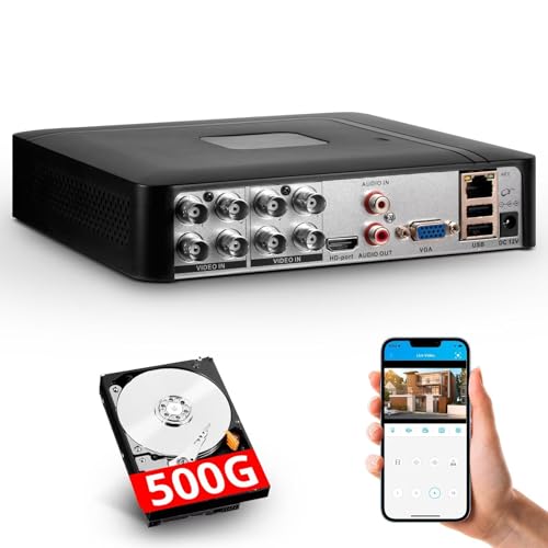8 Channel Security DVR Recorder with 500G HDD, 8CH Hybrid 6-in-1 CCTV DVR for Surveillance Camera, Supports 8CH Analog Cameras, DVR for Security Camera Home Surveillance System, Mobile APP & PC Remote