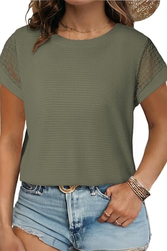 Image of Eytino Plus Size Tops for Women Waffle Knit T-Shirts Round Neck Short Sleeve Casual Loose Basic Tee Blouses(1X-5X)