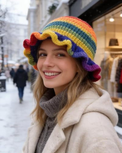 Image of Women Crochet Bucket Hat Cute Winter Ruffled Brim Floppy Cap Handmade Knit Cloche Hats